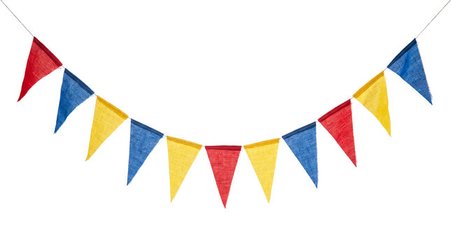 Festive colorful bunting garland, vibrant red blue and yellow triangle flags, decorative party pennants for celebration event decor isolated PNG with Transparent Background