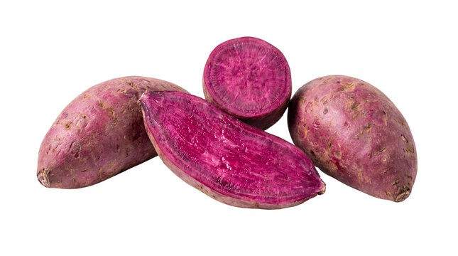 Purple sweet potato group with sliced halves, vibrant raw Okinawan yams, organic starchy root vegetables for healthy cooking isolated PNG with Transparent Background