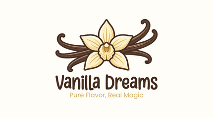 This charming logo features a stylized vanilla flower and beans, embodying the essence of pure flavor and magic in a whimsical, inviting design perfect for culinary brands. © Jingzhan