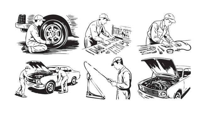 Vintage style line art illustrations of auto mechanics repairing car engines and changing tires set