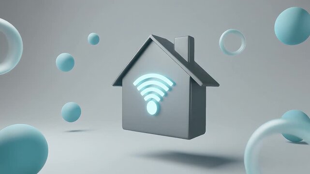 smart home icon with glowing wifi signal on 3d house model