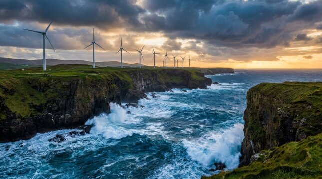 Wind Turbines on Irish Atlantic Cliffs at Sunset