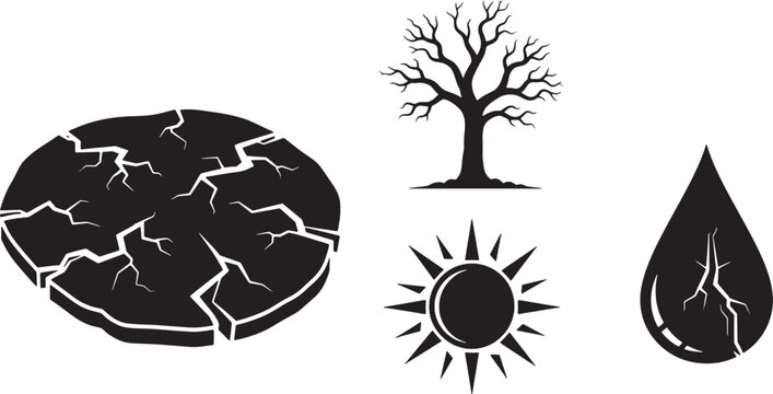 Drought and climate change icons set including cracked earth, dead tree, sun, and water drop isolated on white background