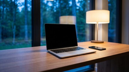 Naklejka premium Laptop with blank screen on wooden desk in modern home office at evening with lamp light