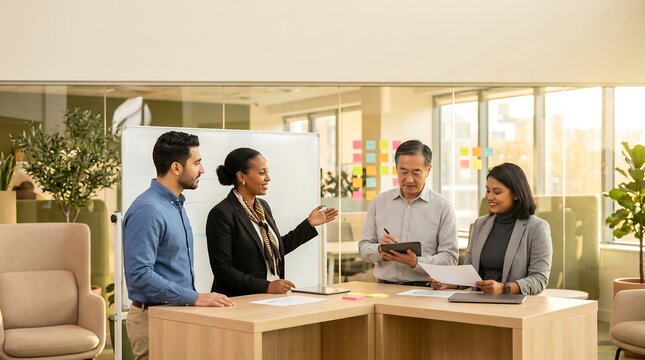 Diverse business team collaborating and brainstorming around a high table with whiteboard in bright contemporary office