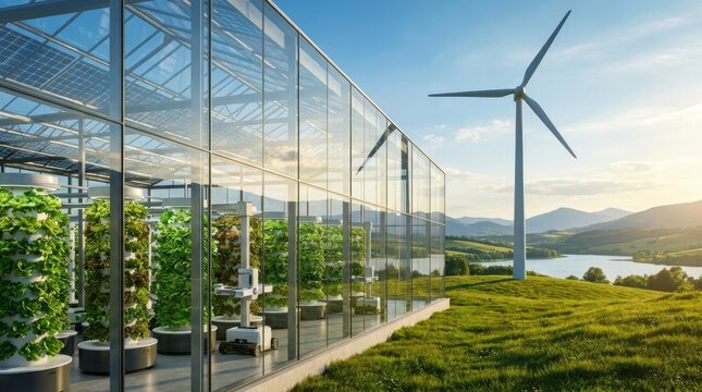 Modern Sustainable Greenhouse with Vertical Farming and Wind Energy