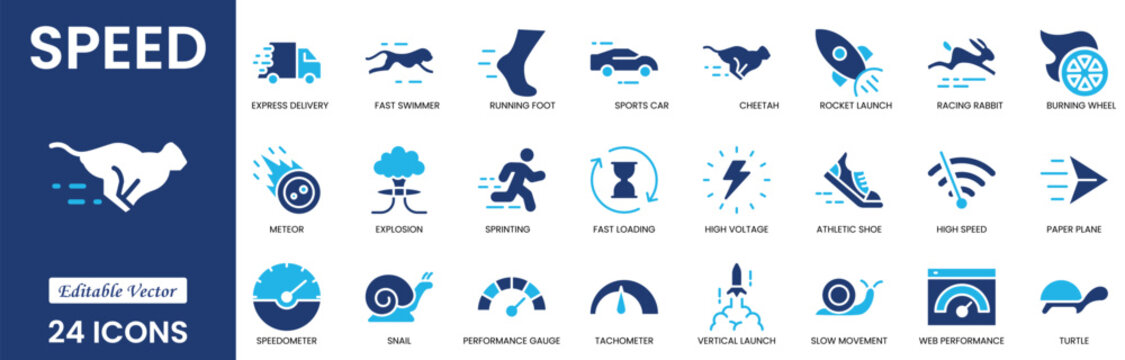 Speed icon set. Containing fast, slow, movement, productivity, indicator, turbo, speeding, express and speedometer icons. Solid icon collection. Vector illustration. 