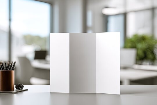 A blank, tri-fold brochure stands open on an office desk, ready for content