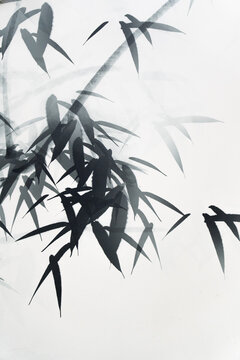 Bamboo stalks and leaves painted in sumi-e style