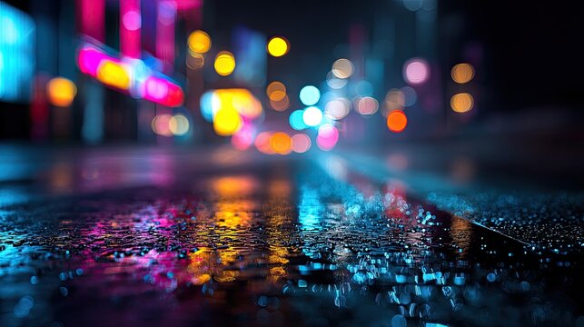 Wet street reflections of colorful, blurred city lights at night
