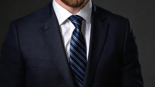 Professional man in a navy suit adjusting his striped tie with confidence