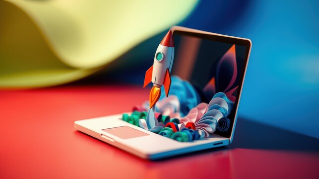 Laptop displays rocket launch. Colorful backdrop suggests innovation, technology, progress. Bright visuals create dynamic scene.