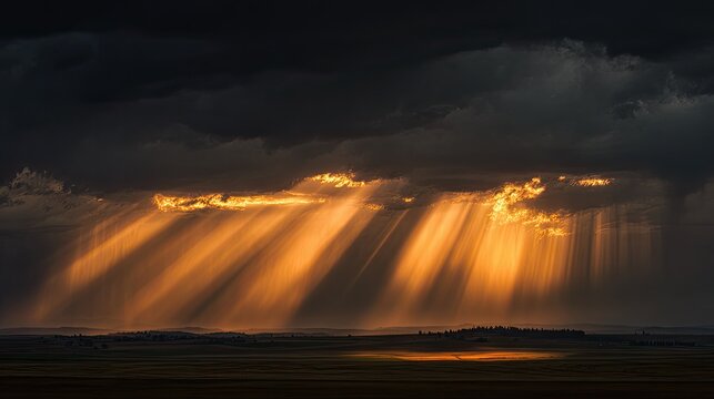 Dramatic light shafts pierce stormy clouds over a dark, vast landscape