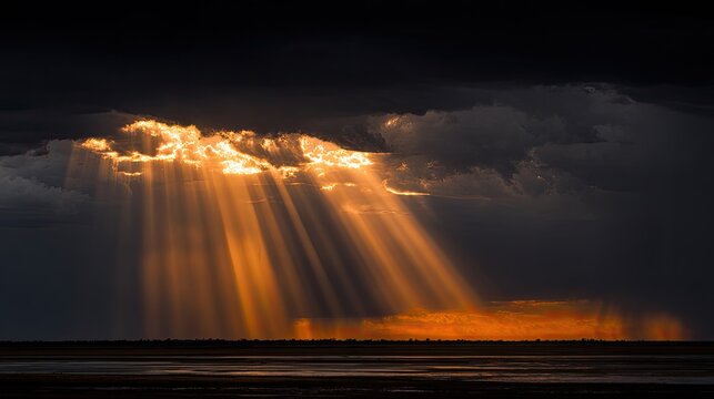 Dramatic sunbeams pierce dark storm clouds over a distant hazy horizon