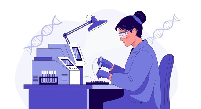 Scientist working in laboratory with DNA helix and DNA sequencer