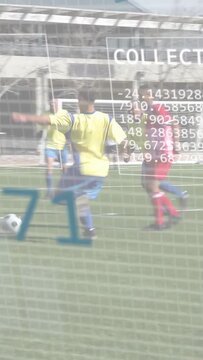 Vertical video: Feed seeing ball in box teams vying HUD charts moving over team for sports analysis