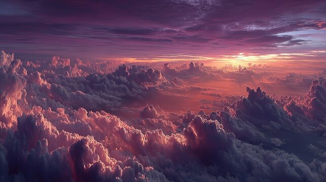 Aerial View Above Majestic Cloudscape, Stunning Purple-Orange Sunset Sky, Dramatic Cumulus Cloud Formations, Scenic Celestial Landscape for Wallpapers and Creative Design Projects