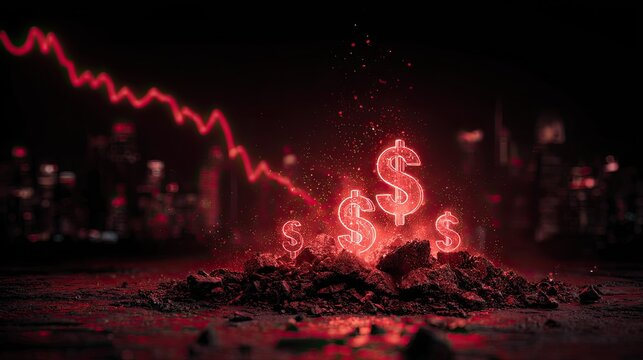 Fiery dollar signs rise from dirt against a dark city with a red downturn graph