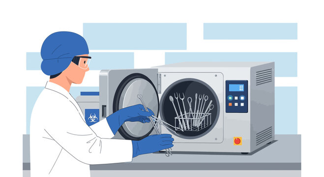 Scientist Sterilizing Medical Instruments in Autoclave Machine for Safe Medical Procedures
