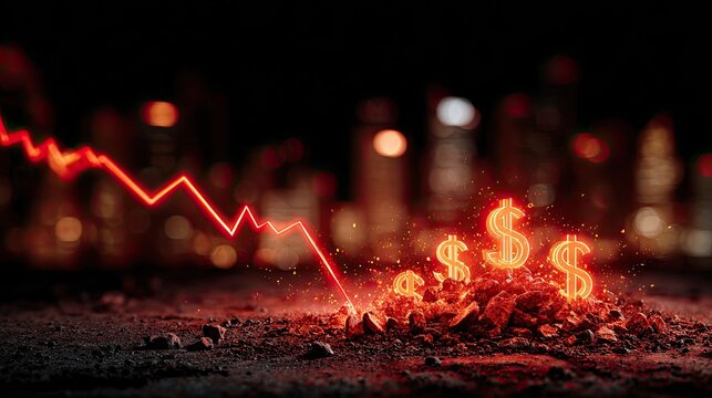 Red graph shows a sharp decline, burning dollar signs erupting from dirt