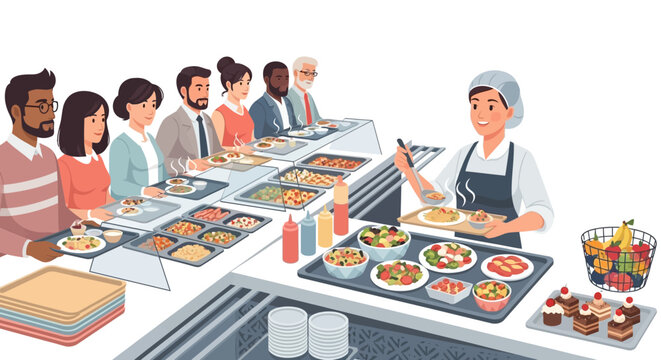 People serving and selecting food at a buffet line.