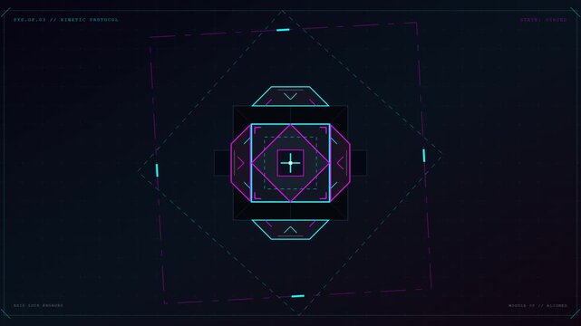 A futuristic digital HUD user interface rotates geometric neon shapes and crosshairs to simulate an axis lock protocol in a dark cyberspace environmen