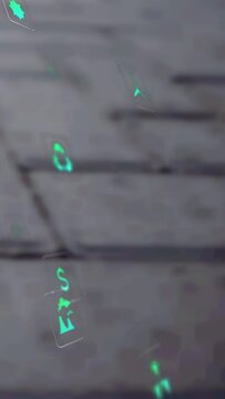 Vertical video: Faint marks starting green icons sliding down-left, rotating, fading, focusing left