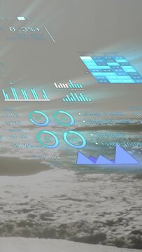 Vertical video: Starting charts appearing while AR dashboard sliding and updating metrics over sea