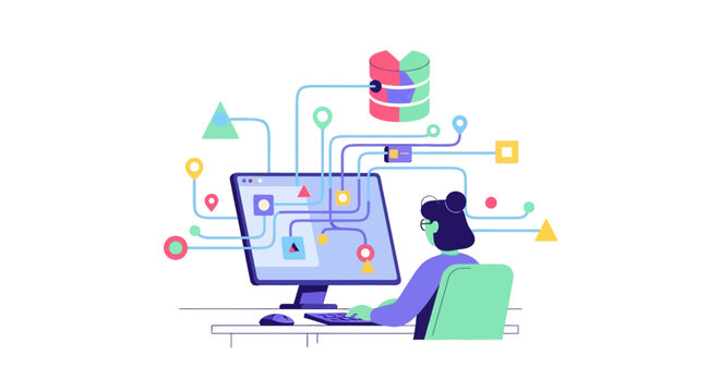 Person working on computer with data flow and security icons.
