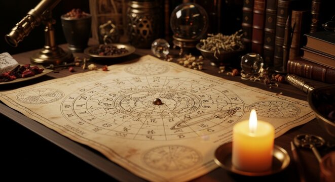 Detailed astrological chart laid out with celestial symbols