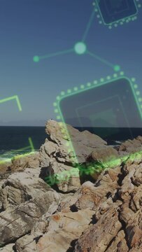 Vertical video: On scene start jagged rock outcrop showing tech green overlay annotating chip nodes