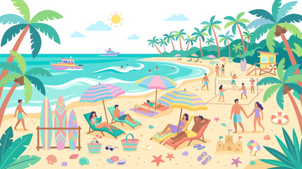 Obraz premium People enjoying a vibrant tropical beach vacation scene.