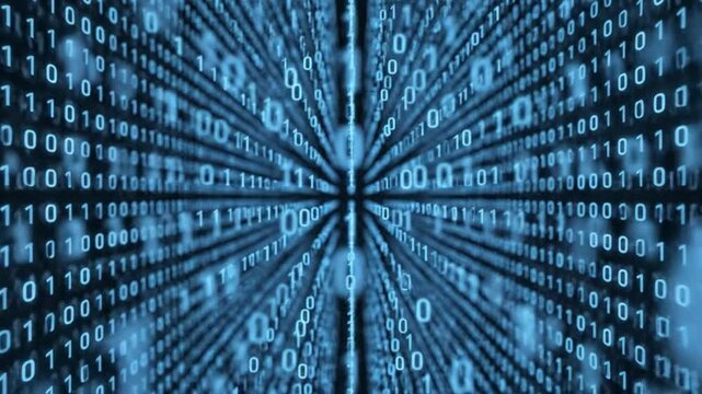 Abstract blue binary code background. Digital data stream with 1s and 0s converging in perspective. Futuristic cyberspace concept for technology, hacking, artificial intelligence, and IT.