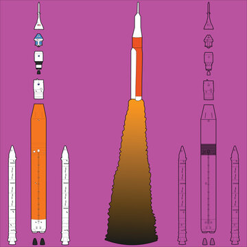 A flat illustration of a heavy-lift launch vehicle, showcasing the core stage, solid rocket boosters, and Orion spacecraft in both assembled and exploded views. Ideal for educational content regarding