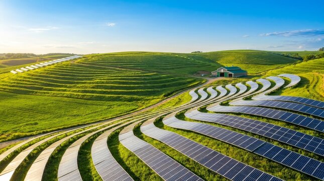 Aerial View of Solar Panels on Terraced Green Hills in Sustainable Countryside