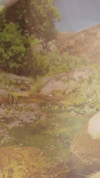 Vertical video: Camera panning up causing stream flowing over mossy rocks, glare revealing hillside