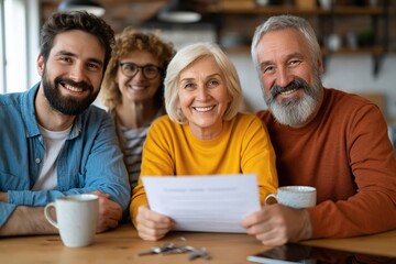 Obraz premium Multigenerational family reviewing home insurance document at kitchen table