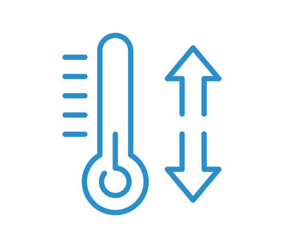 Temperature increase and decrease icon with thermometer and arrows, climate control, heating and cooling adjustment symbol isolated on white background.