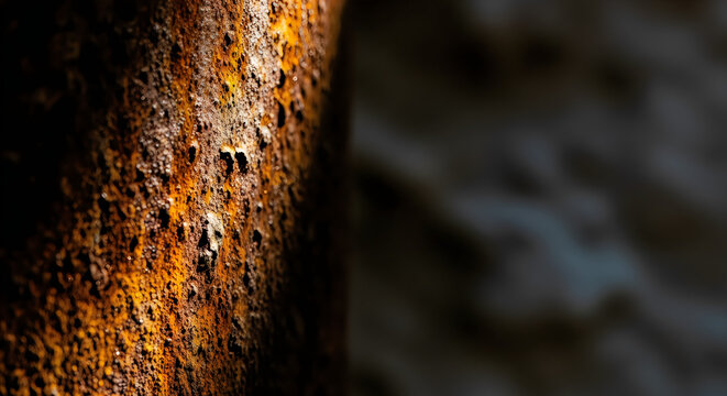 Rusted metal pipe section showing heavy corrosion and peeling paint against dark blurred background.
