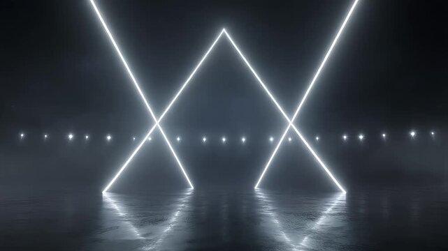 futuristic neon light x-shape stage with smoke and reflection