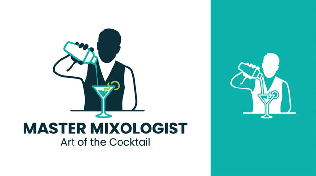 This modern logo features a skilled mixologist pouring a cocktail, encapsulating the art and precision involved in crafting exquisite beverages that delight cocktail lovers.