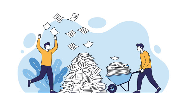 Two office workers handling a large pile of documents where one throws papers in the air and another uses a wheelbarrow for transport.
