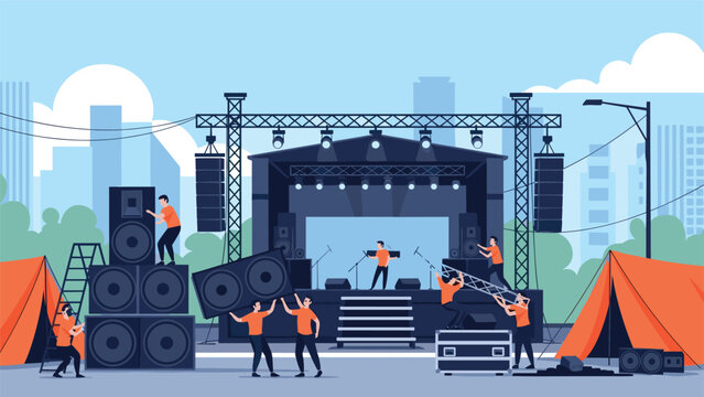 Professional crew members working together to assemble a large concert stage with massive speakers and lighting equipment in an urban park.