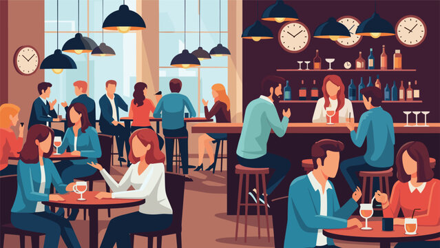 People socializing and drinking in a busy bar interior with multiple clocks on the wall and a professional bartender serving customers.