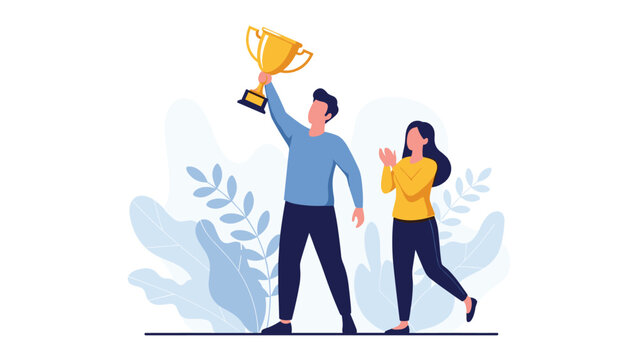 Victorious man proudly holding a golden trophy high above his head while a female colleague claps and celebrates their successful achievement.