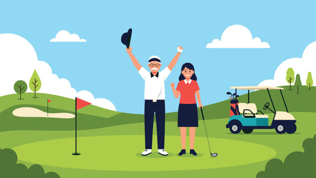 Senior man and woman celebrating a successful game of golf on a green course with a cart and sand trap visible in the scenic background.