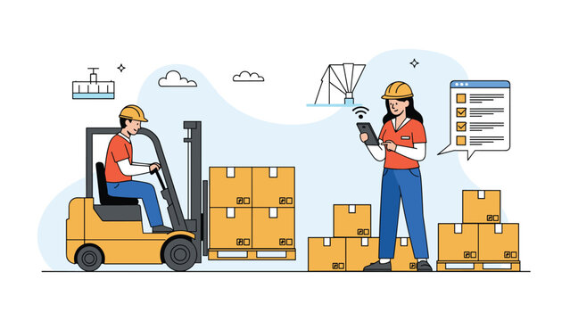 Warehouse workers managing inventory with one man operating a forklift and a female supervisor using a tablet to check off a digital list.