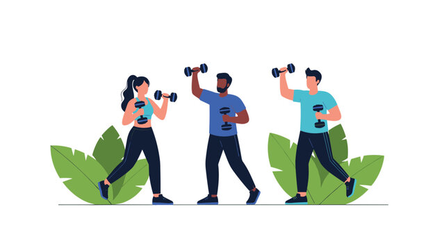 Diverse group of people focusing on their fitness goals by lifting dumbbells and exercising together in a bright and motivating environment.