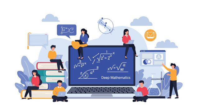 Online mathematics education platform featuring students and teachers interacting with complex formulas on a large laptop screen and books.