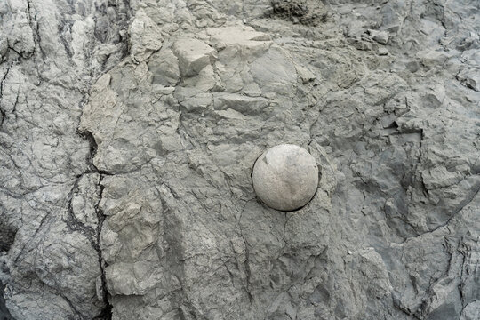 Cannonball sized round rock protruding from cliff face